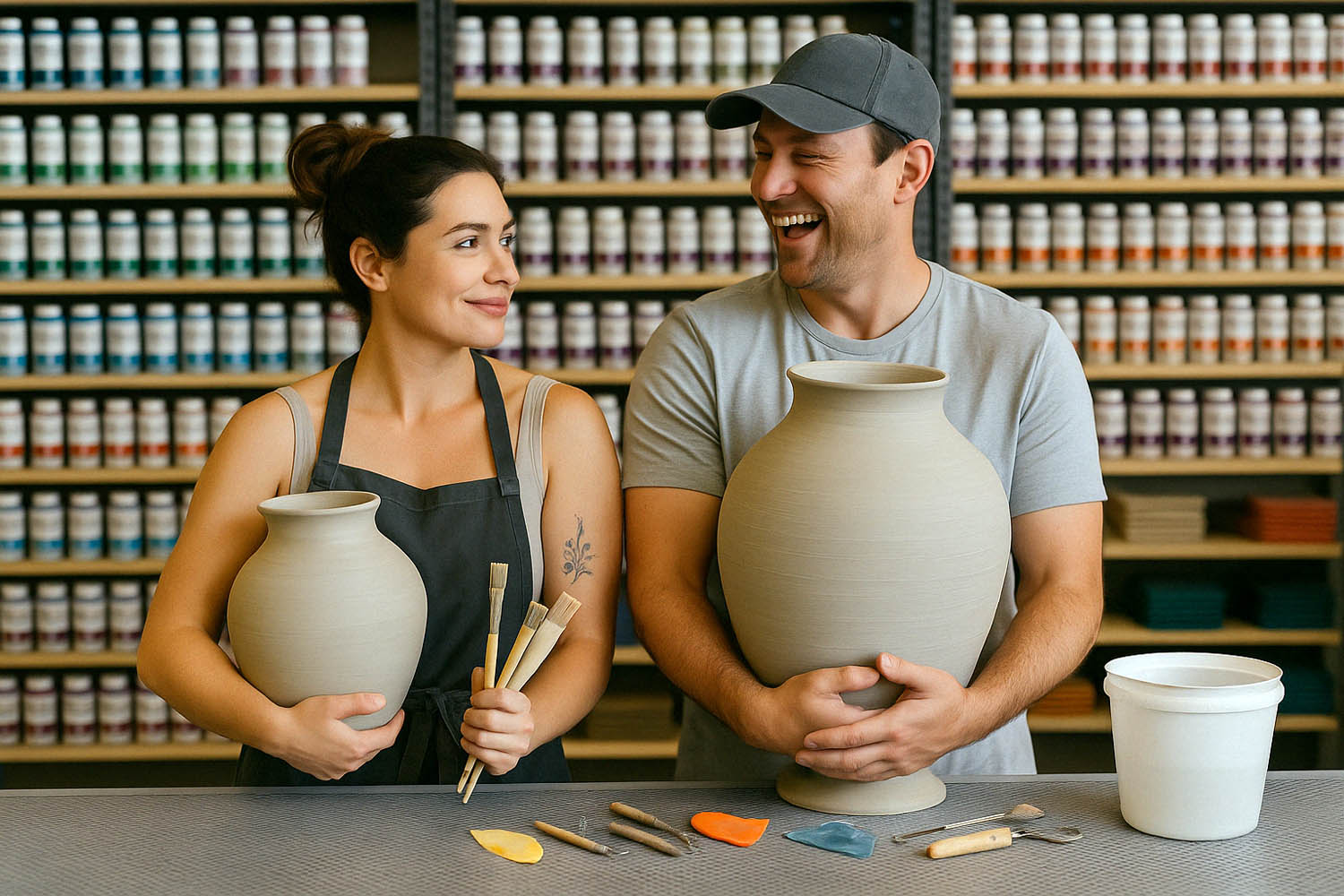 INTJ and ENFP pottery pair creating together with purpose and play