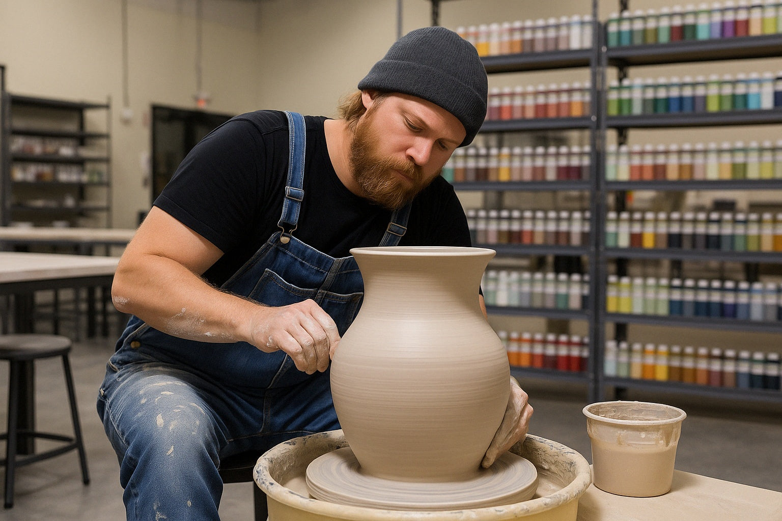 A man in overalls and a beanie throwing a massive clay pot on the wheel in a studio with glaze shelves behind him