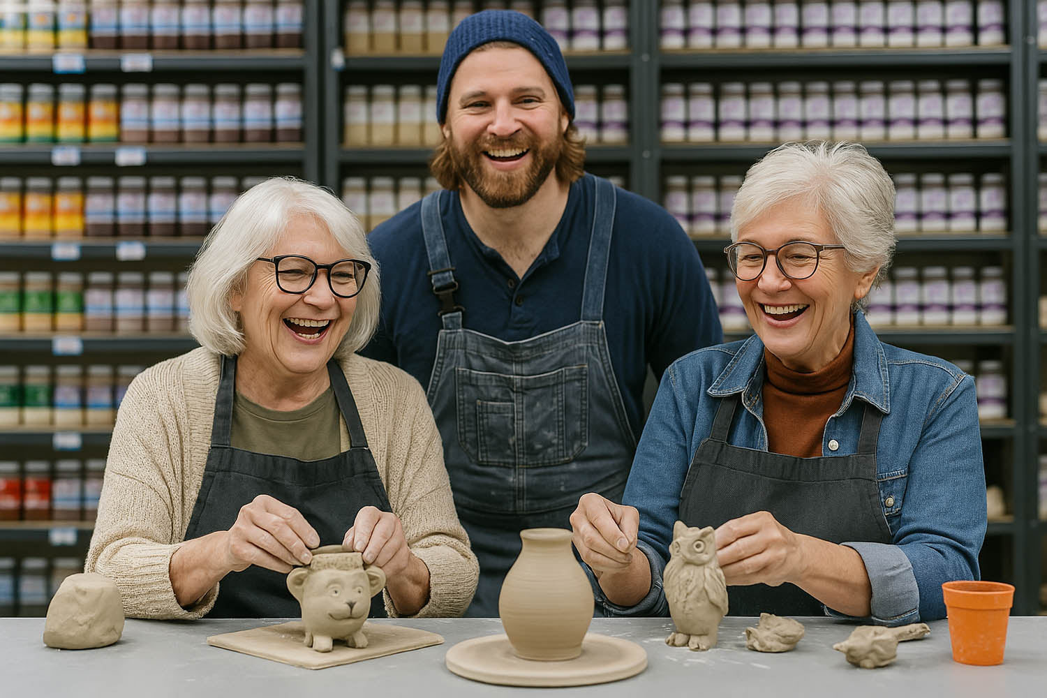 Potter sculpting by hand in a studio filled with clay tools and molds