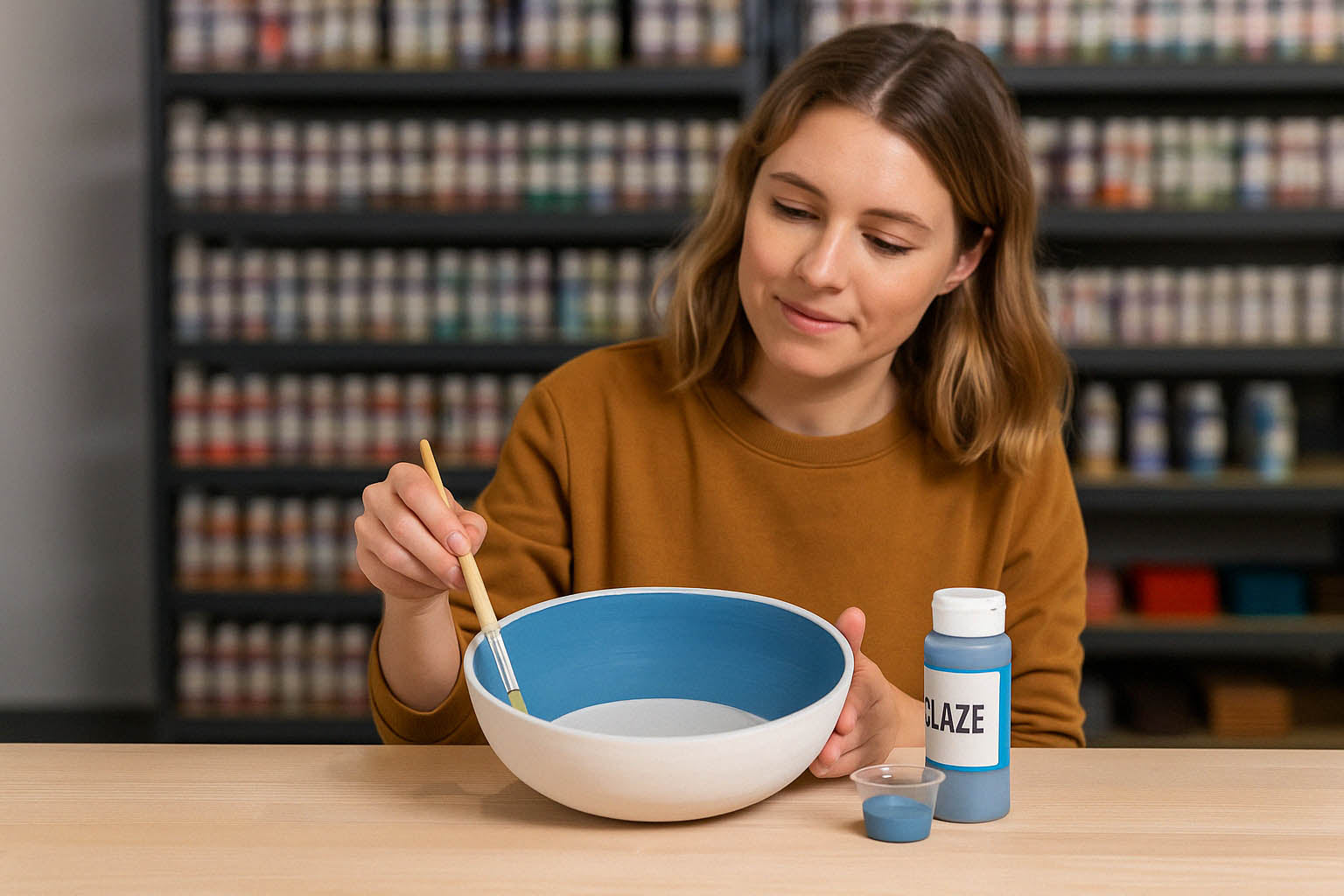 A woman glazing the interior of a pottery bowl with blue glaze using a brush, sample cup, and glaze bottle in a studio setting