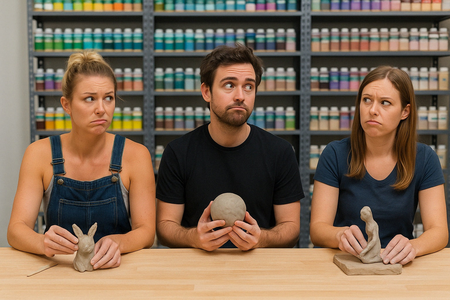 Three pottery students at a table looking awkwardly at each other while hand-building different clay pieces, with glaze shelves behind them