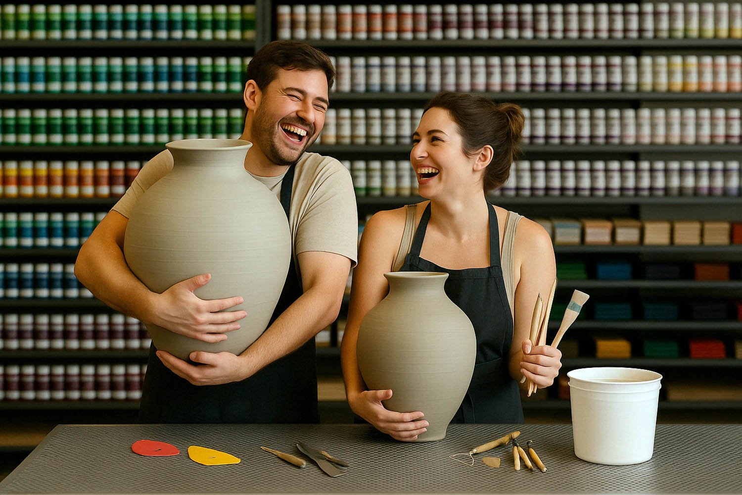 ENTP woman laughing while sculpting pottery in a creative studio