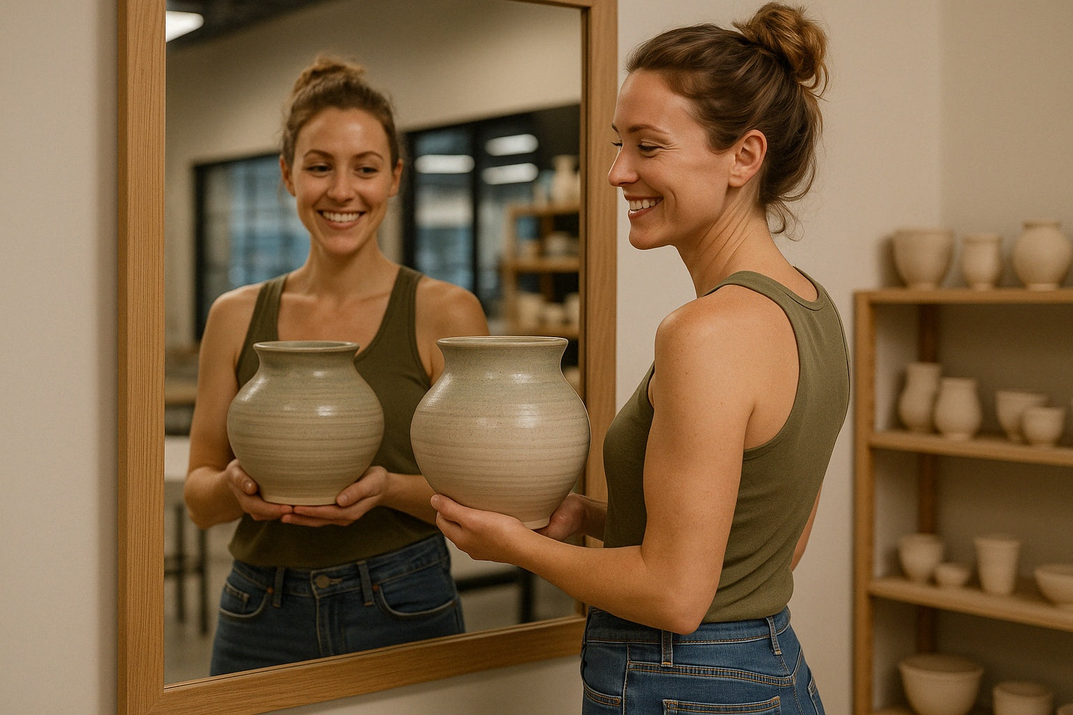 A woman smiling at her reflection while holding a large finished ceramic pot she made in a pottery studio