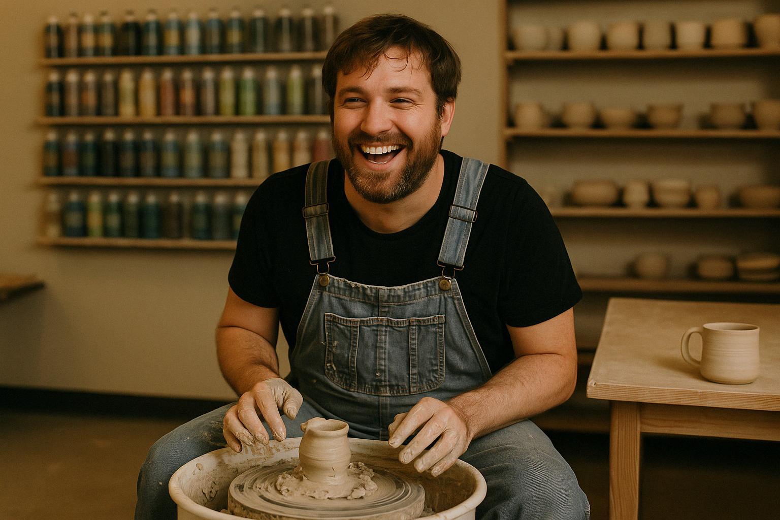 Man laughing while shaping a messy first clay pot at the pottery wheel