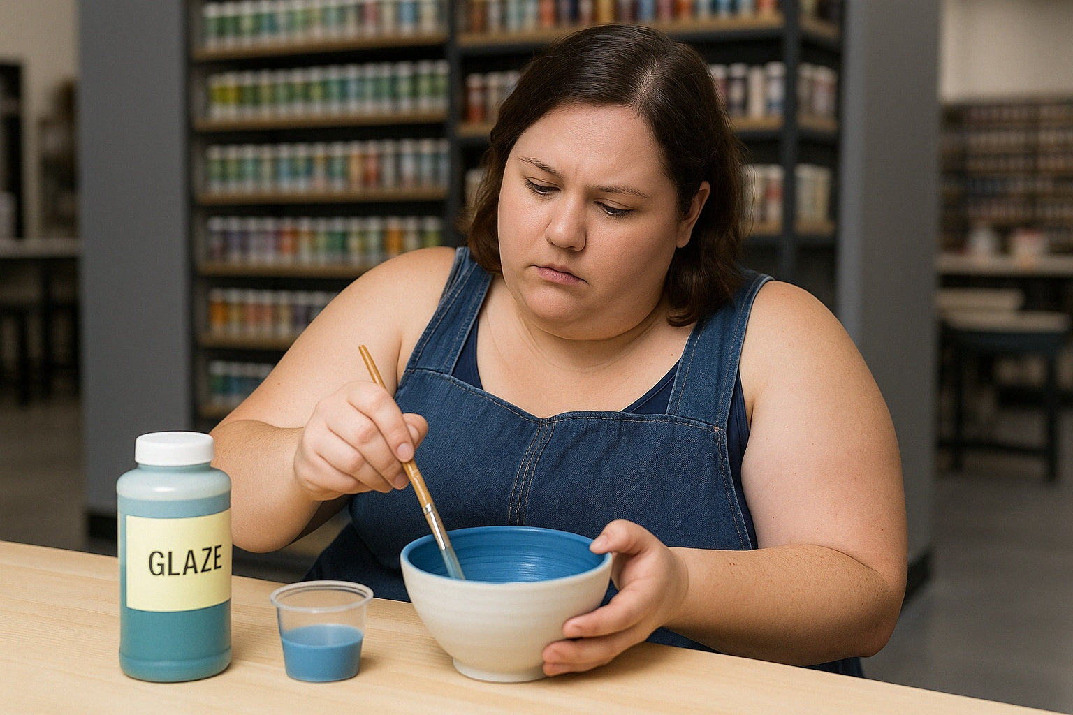 A slightly chubby woman glazing a ceramic bowl in a bright pottery studio with glaze shelves behind her