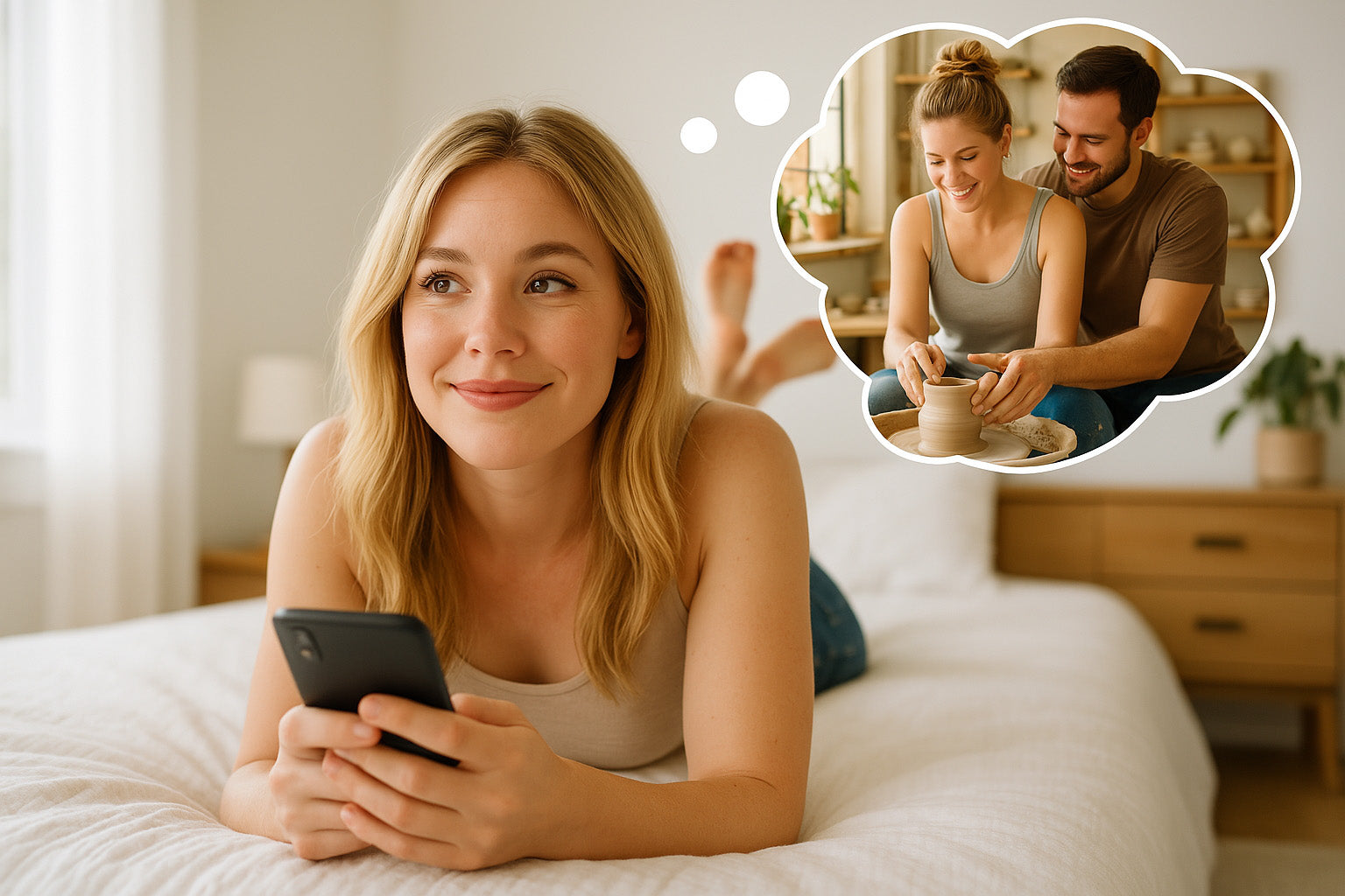 Utah woman laughing during pottery class, surrounded by good energy