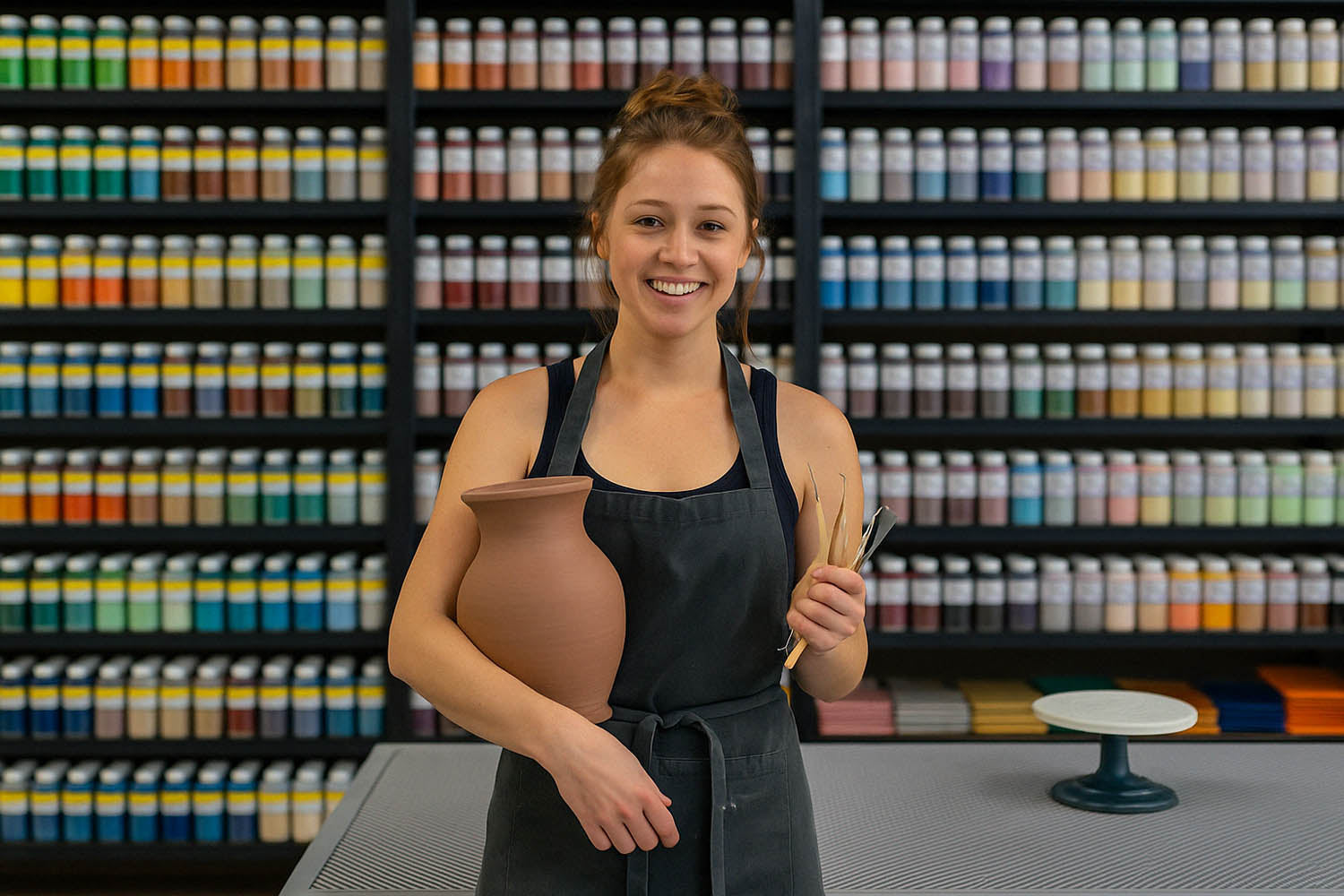 A potter working independently at a studio wheel