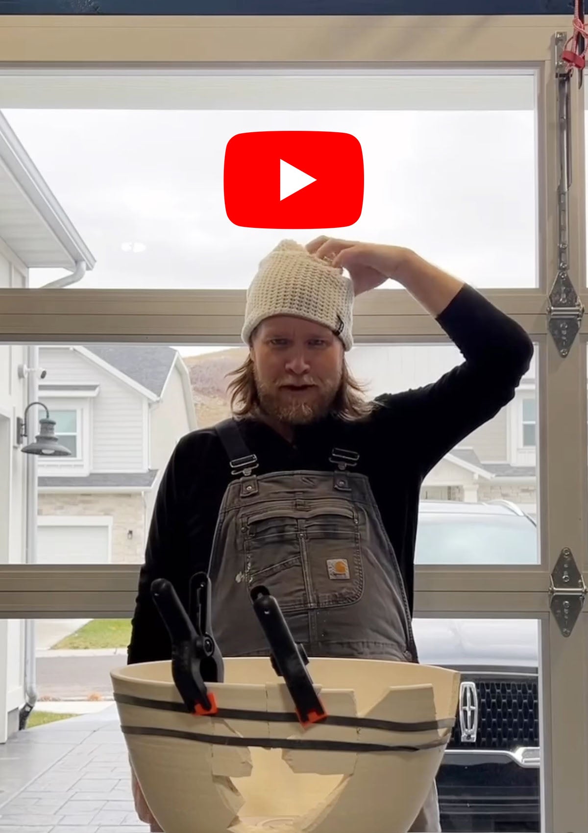 Thumbnail of two potters mid-laugh as they accidentally break a giant ceramic bowl while trying to repair it—capturing the chaos and comedy of a viral pottery reel.