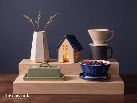 Pottery made from the Intermediate paper templates from The Clay Hole, grouped on a wooden stand