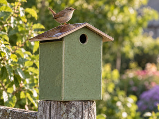 A slab-built stoneware wren house with sage green walls and a brown roof, a wren on the ridge, mounted on a garden fence post, made from The Clay Hole paper template