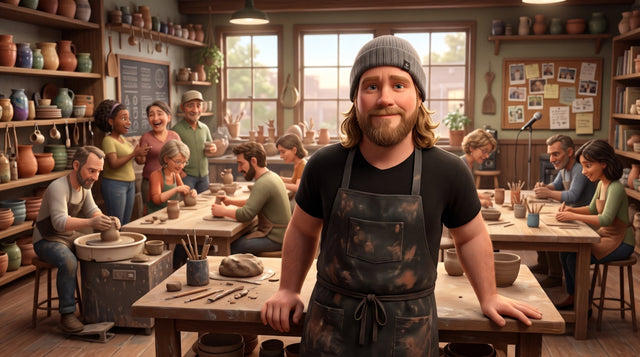 Illustration of Dan Pearce in a gray beanie and a clay-smudged apron, standing calm and smiling in a busy pottery studio while members laugh, throw and hand-build behind him.