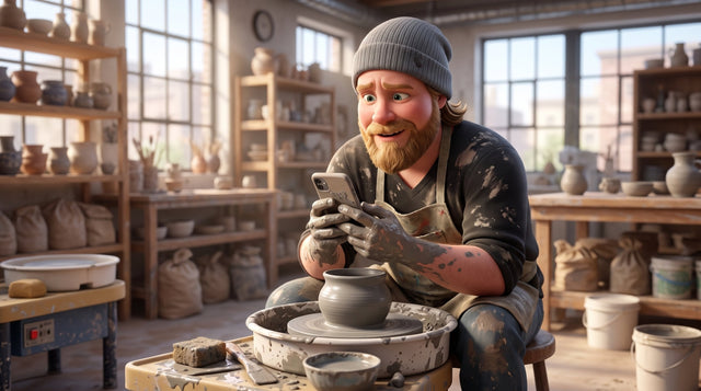 Illustration of Dan Pearce in a gray beanie and a clay-covered apron, sitting at a pottery wheel beside a freshly thrown pot and staring at his phone in disbelief, in a sunny pottery studio.