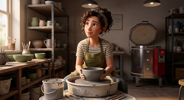 Illustration of a curly-haired woman in a green apron holding a gray pot on a pottery wheel and looking up with a hopeful, worried face, with a kiln in the background.