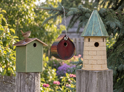 A wren house, a hanging teardrop and a spire tower ceramic birdhouse in a garden, made from Clay Hole paper templates