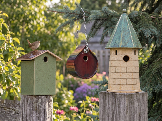 A wren house, a hanging teardrop and a spire tower ceramic birdhouse in a garden, made from Clay Hole paper templates