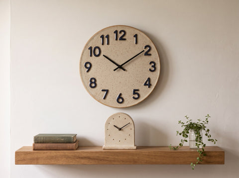 A ceramic wall clock with raised numbers above a slab mantel clock on a shelf, made from Clay Hole paper templates