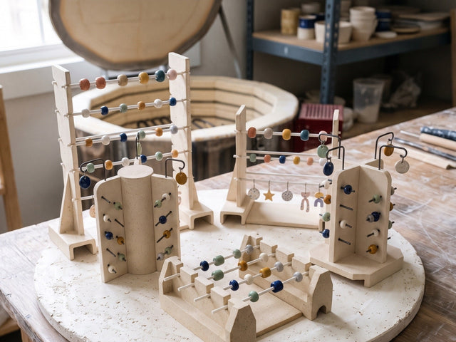 Handmade kiln bead racks and bead trees loaded with glazed beads on a kiln shelf, made from Clay Hole paper templates