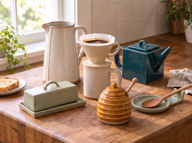 A teapot, mug with pour-over dripper, pitcher, butter dish, honey pot and spoon rest on a counter, from Clay Hole templates