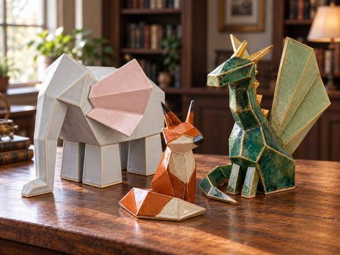 A faceted origami pottery elephant, fox and dragon on a library table, made from Clay Hole paper templates
