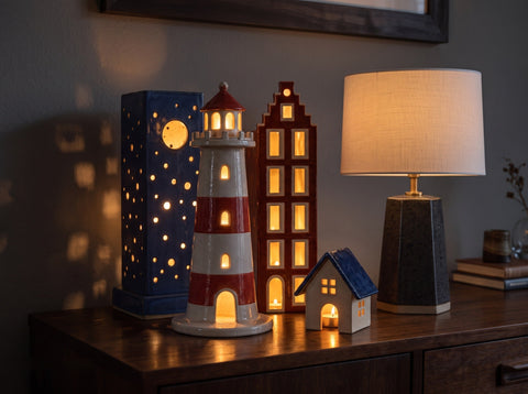 Five glowing slab-built pottery lamps and lanterns on a sideboard at night, made from Clay Hole paper templates