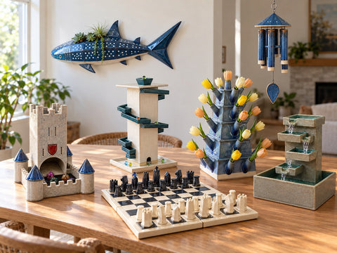 A ceramic chess set, dice tower, marble run, tulip pagoda, fountain, wind chime and whale shark from Clay Hole templates
