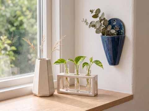 A hexagon bud vase, a propagation station and a blue wall pocket on a sunny windowsill, from Clay Hole paper templates