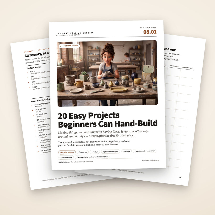 20 Easy Projects Beginners Can Hand-Build printable guide: the cover, with the one page project reference and the twenty project log fanned behind it