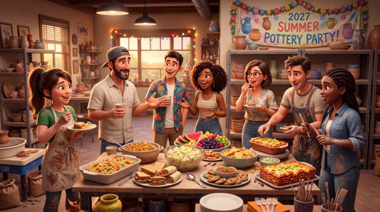 Illustrated summer pottery party with members laughing around a potluck table under a colorful 2027 Summer Pottery Party banner