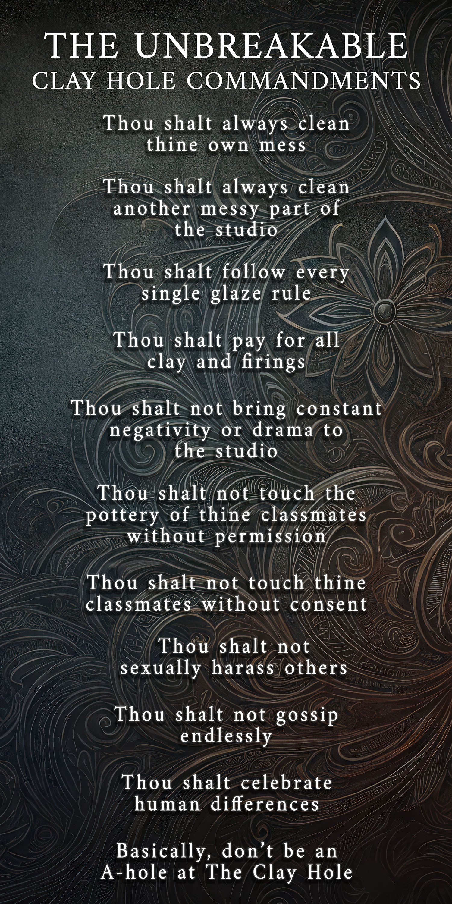 Image of a playful, illustrated stone tablet or scroll labeled ‘The Clay Hole Commandments,’ featuring a list of fun, firm studio rules—blending humor with clear guidelines for a great pottery experience.