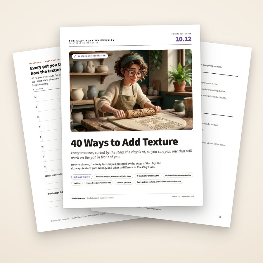 40 Ways to Add Texture printable guide: the cover, showing a potter rolling a carved rolling pin across a slab, with the practice log and the one page summary fanned behind it