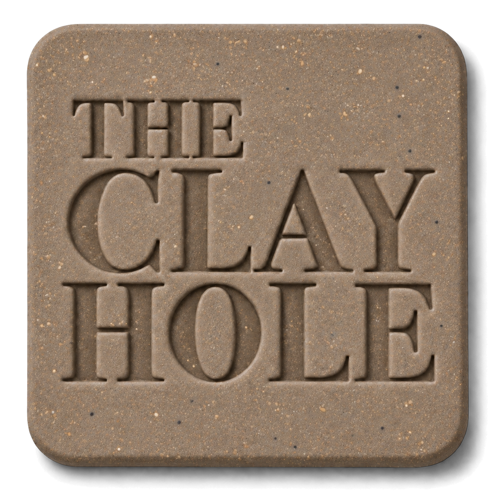Tan Laguna 52 Buff clay tile, unglazed, stamped with The Clay Hole logo