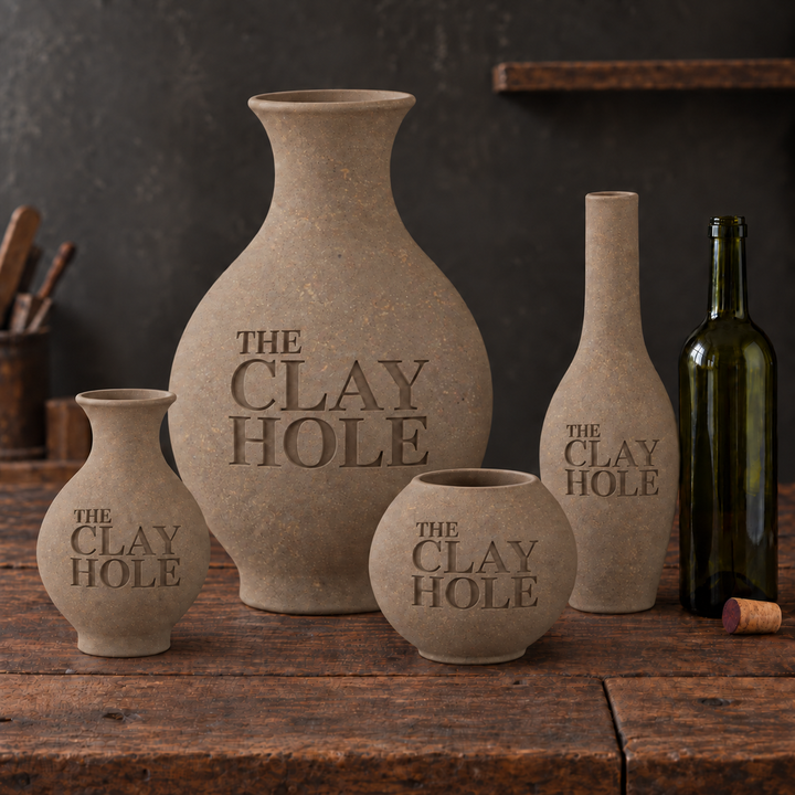 Four unglazed Laguna 52 Buff clay vases stamped The Clay Hole, grouped with a wine bottle on a rustic table
