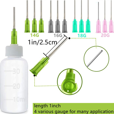 The four needle gauges side by side, labeled 14G green, 16G gray, 18G teal and 20G pink