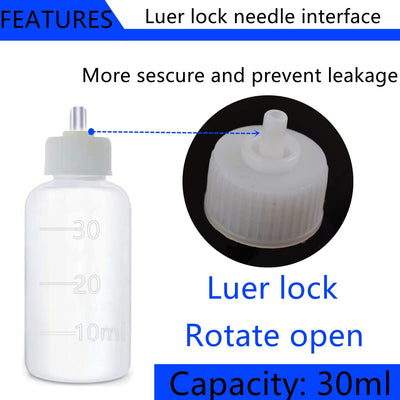 Close view of the luer lock thread on an applicator bottle cap and needle tip