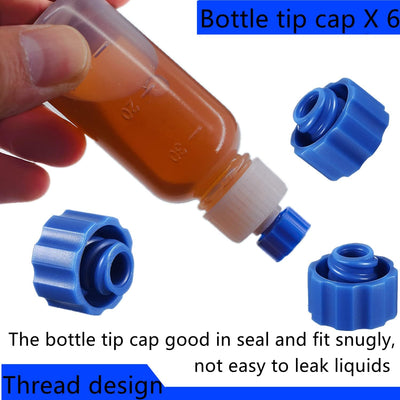A hand squeezing an applicator bottle filled with amber liquid beside three blue caps