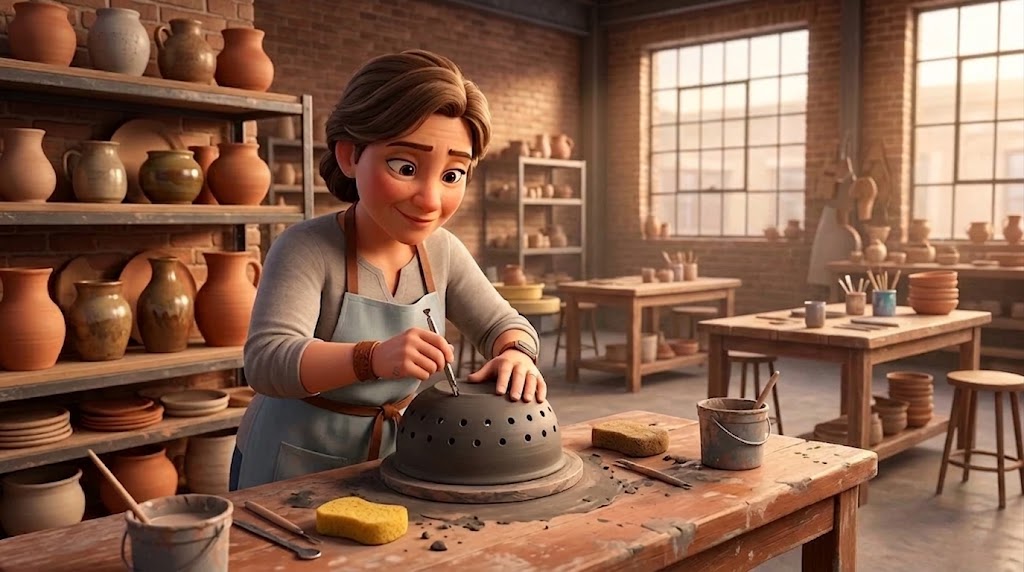 An illustration of a potter piercing drainage holes into a dark clay strainer bowl at a workbench, with a sponge and a bucket of tools at her elbow
