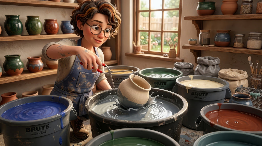 An illustration of a potter in a blue apron lowering a bisque pot into a bucket of glaze with dipping tongs, more open glaze buckets around her.