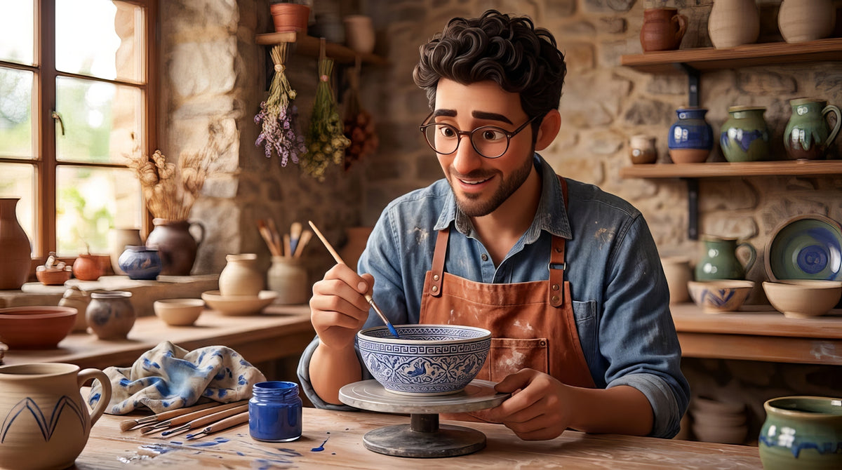 A potter inlaying dark slip into fine carved lines on a pale leather hard vessel, with the surface being scraped back to reveal the design