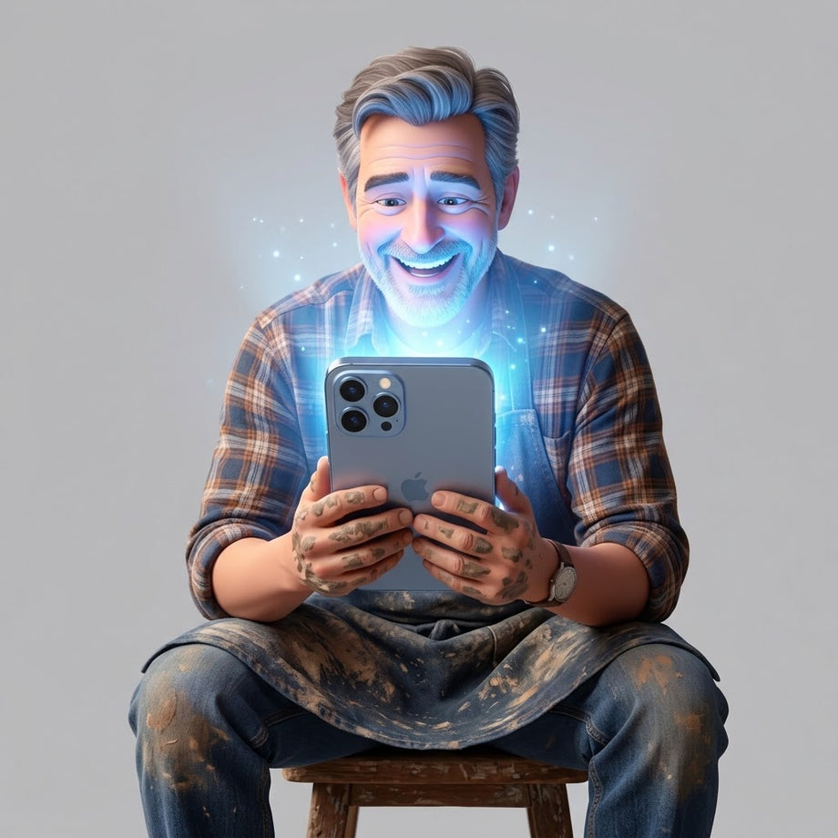 An illustrated potter in a clay-covered apron sits on a wooden stool, grinning at the glowing phone in his hands.