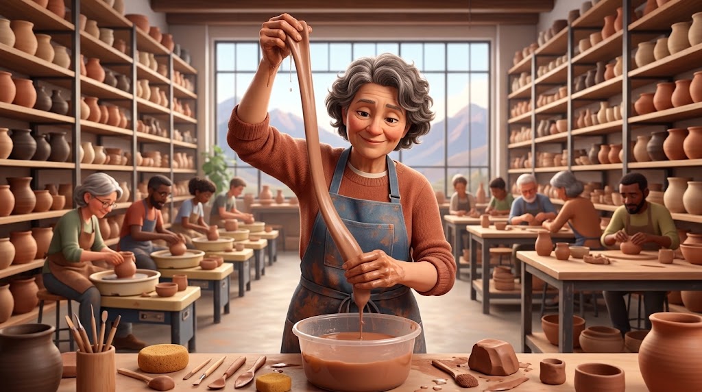 Illustration of a potter in a busy studio pulling a long wet clay handle downward over a bowl of water