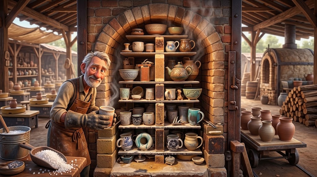 An illustration of a potter in a leather apron and heat gloves lifting a mug out of a brick arch kiln stacked four shelves high with glossy salt glazed jugs, bowls and teapots, with a wooden scoop of coarse salt on a table in the foreground and stacked firewood behind