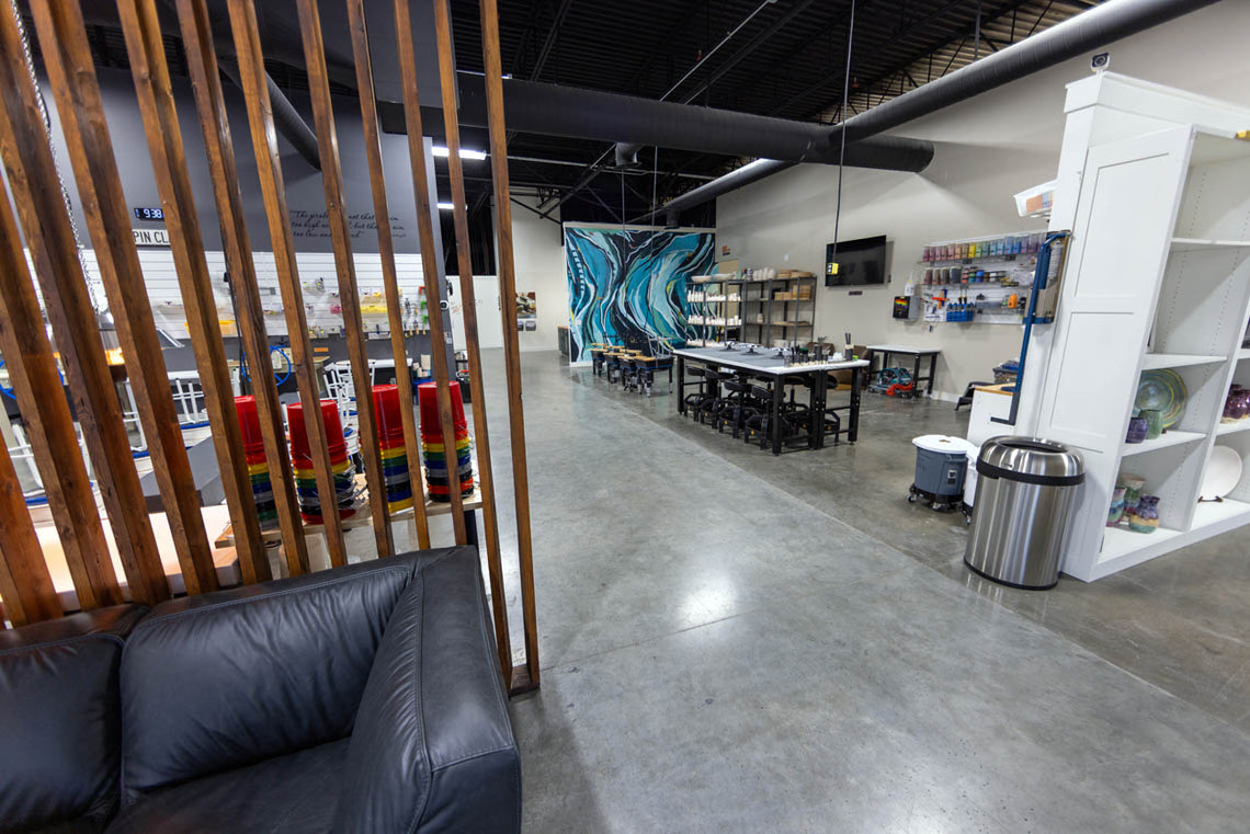 A broad view across several areas of the studio at once.