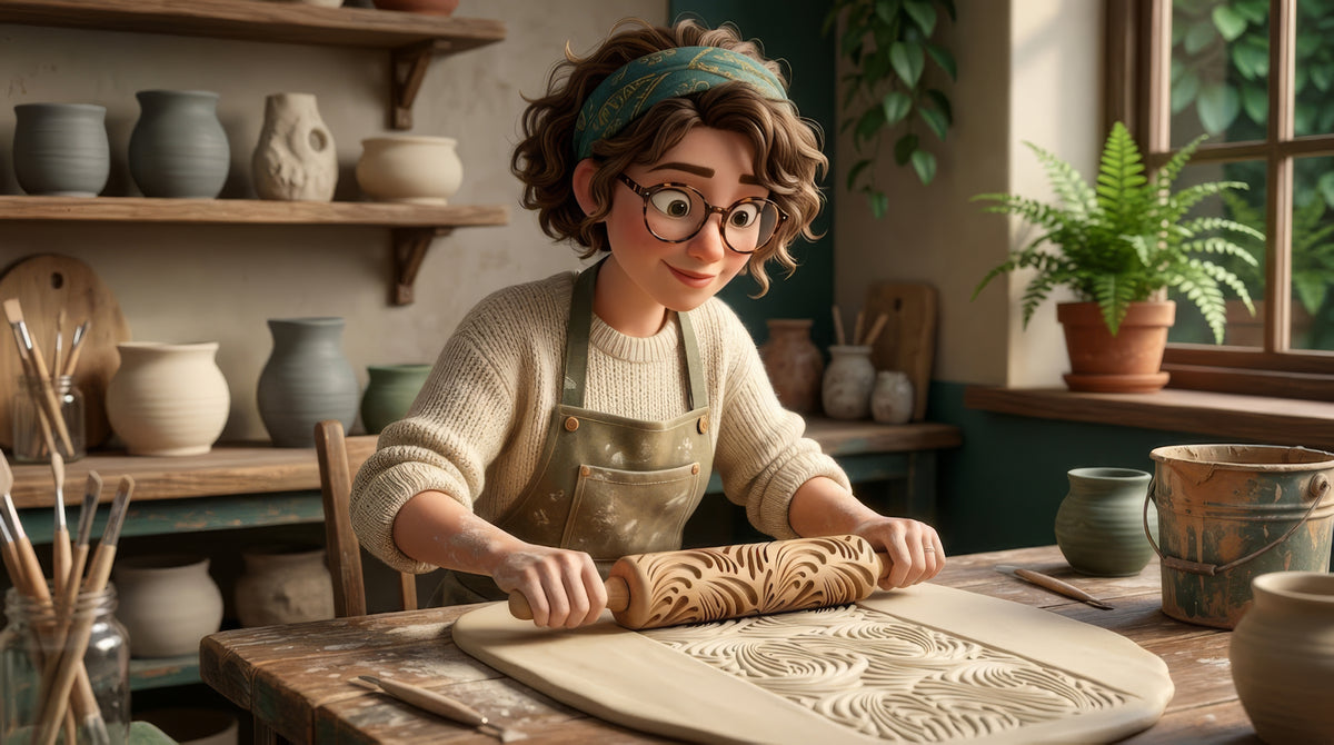 An illustration of a potter in glasses and an apron rolling a carved wooden rolling pin across a clay slab, leaving a swirl pattern, with shelves of plain pots behind