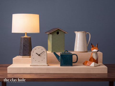 Pottery made from the Advanced paper templates from The Clay Hole, grouped on a wooden stand