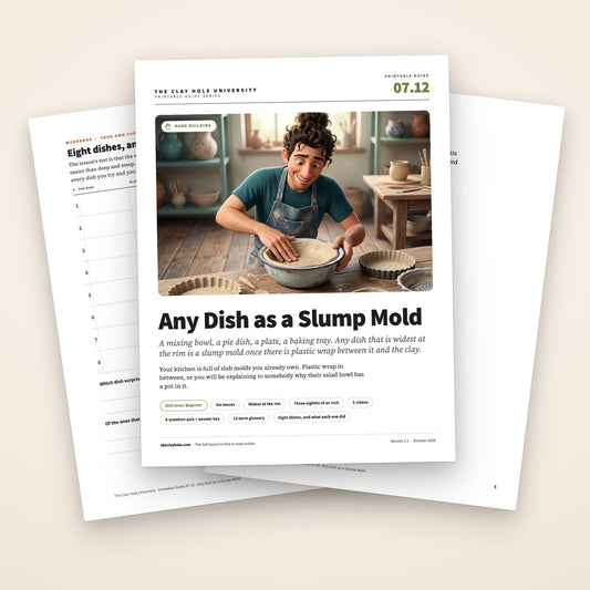 Any Dish as a Slump Mold printable guide: the cover, with the dish log and the five minute version pages fanned behind it