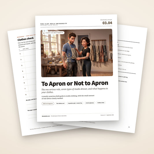 To Apron or Not to Apron printable pottery guide: the cover, with the clothes check and the clothes card fanned behind it