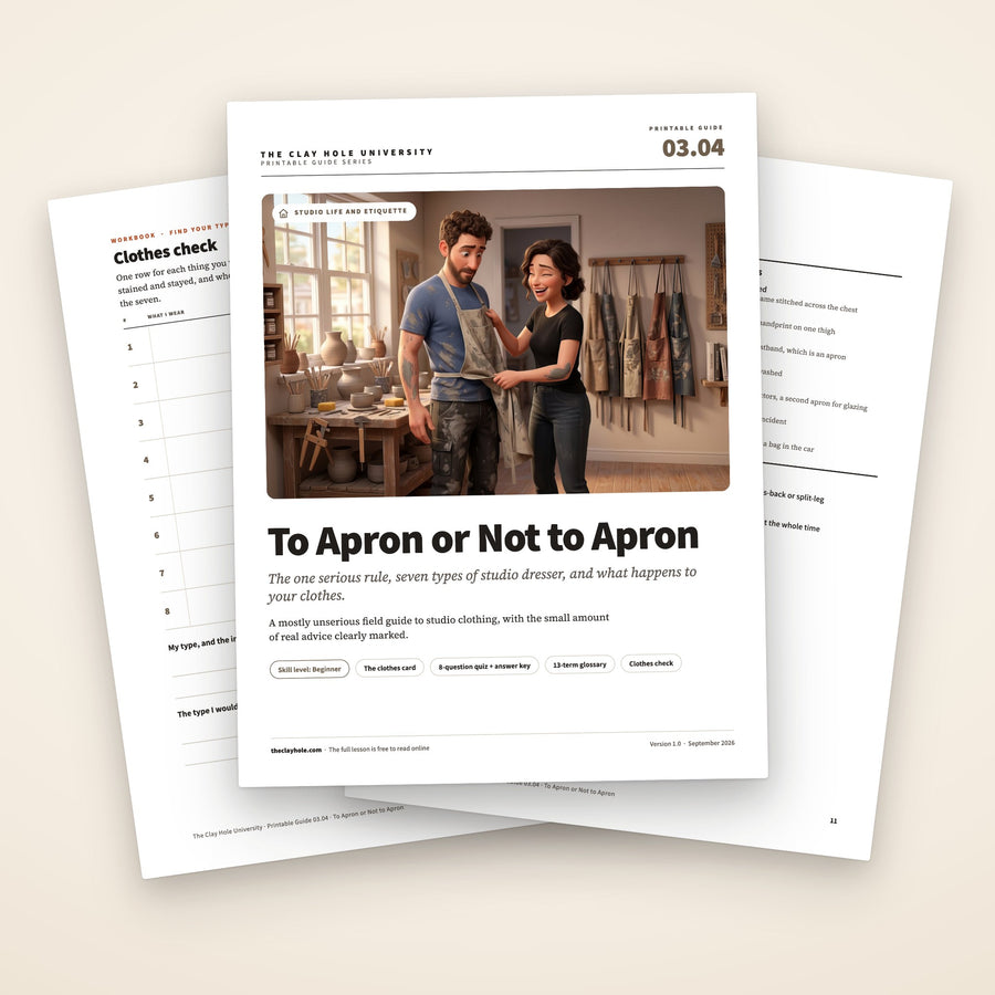 To Apron or Not to Apron printable pottery guide: the cover, with the clothes check and the clothes card fanned behind it