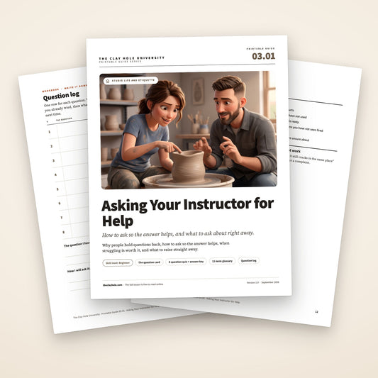 Asking Your Instructor for Help printable pottery guide: the cover, with the question log and the question card fanned behind it