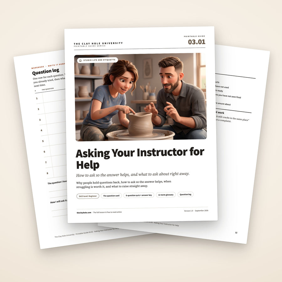 Asking Your Instructor for Help printable pottery guide: the cover, with the question log and the question card fanned behind it
