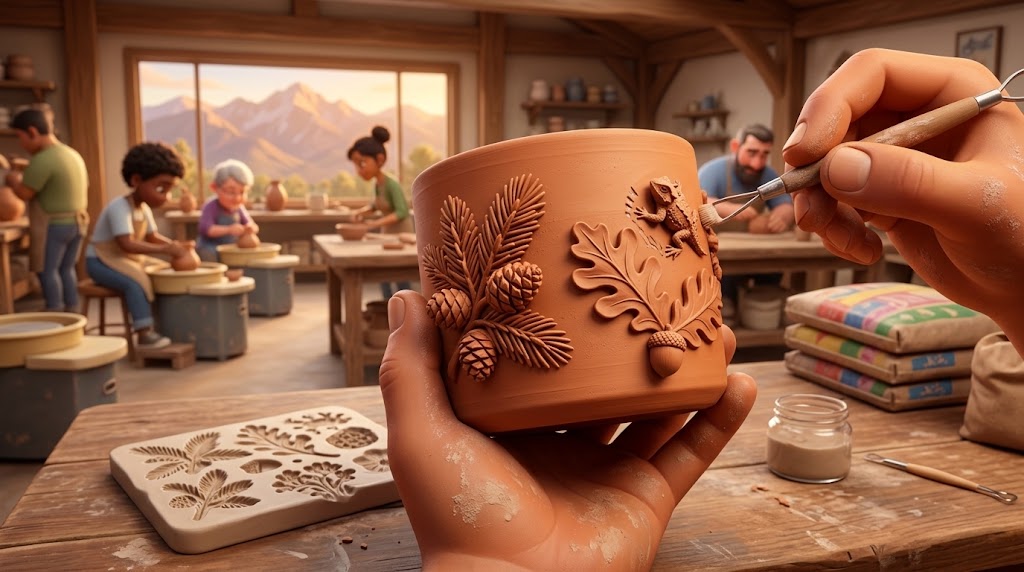 A carved sprig mold resting on a workbench beside a pot decorated with raised leaf, acorn and pinecone sprigs, with a needle tool working one of the edges